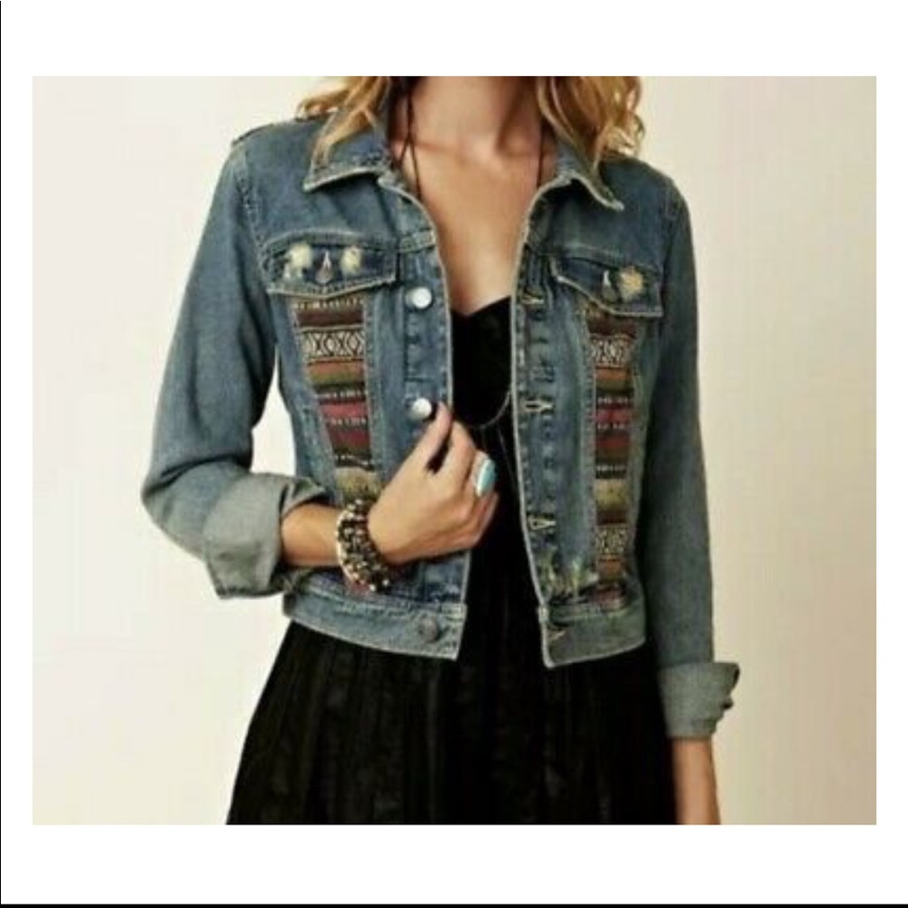 Free People Aztec Denim Jacket NWOT